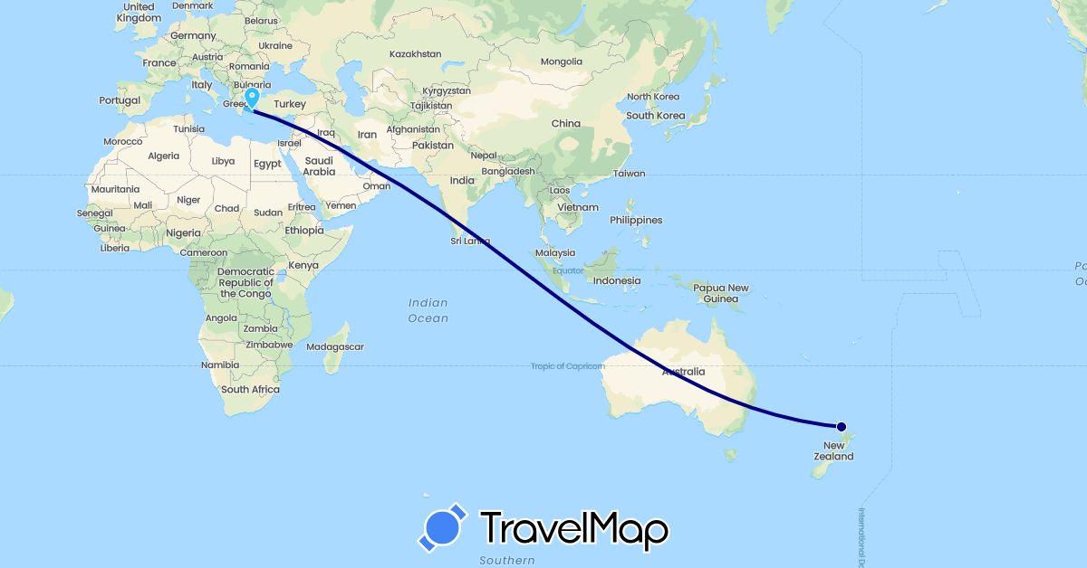 TravelMap itinerary: driving, boat in United Arab Emirates, Greece, New Zealand (Asia, Europe, Oceania)